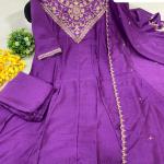 Designer Party Wear Pure Vichitra Anarkali Kurta Pant Set with Embroidered Dupatta