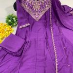 Designer Party Wear Pure Vichitra Anarkali Kurta Pant Set with Embroidered Dupatta