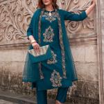 Elegant Rayon Slub Embroidered Kurti Pant Set with Organza Cut-Work Dupatta