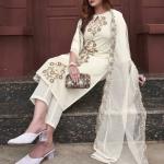 Elegant Rayon Slub Embroidered Kurti Pant Set with Organza Cut-Work Dupatta
