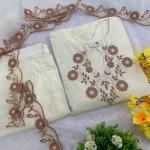 Elegant Rayon Slub Embroidered Kurti Pant Set with Organza Cut-Work Dupatta