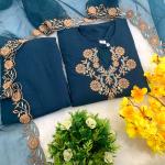 Elegant Rayon Slub Embroidered Kurti Pant Set with Organza Cut-Work Dupatta