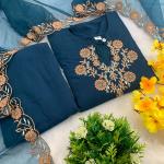 Elegant Rayon Slub Embroidered Kurti Pant Set with Organza Cut-Work Dupatta