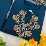 Elegant Rayon Slub Embroidered Kurti Pant Set with Organza Cut-Work Dupatta