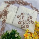 Elegant Rayon Slub Embroidered Kurti Pant Set with Organza Cut-Work Dupatta