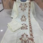 Elegant Rayon Slub Embroidered Kurti Pant Set with Organza Cut-Work Dupatta