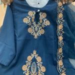 Elegant Rayon Slub Embroidered Kurti Pant Set with Organza Cut-Work Dupatta