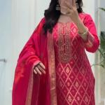 Elegant Banarasi Silk Suit Set with Zari Work & Pearl Bracelet