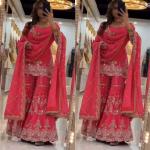 Designer Party Wear Fox Georgette Top Sharara Palazzo Set with Embroidered Dupatta