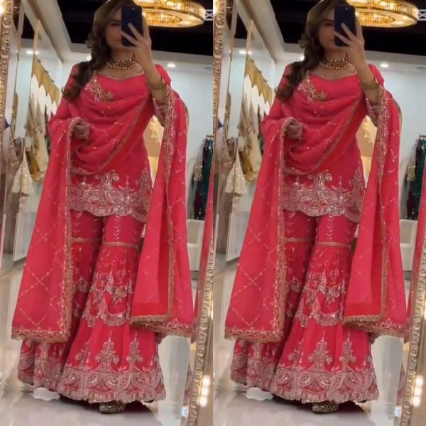 Designer Party Wear Fox Georgette Top Sharara Palazzo Set with Embroidered Dupatta