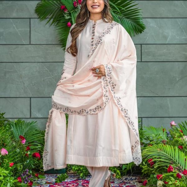 Premium Muslin Cotton Long Kurti Pant Set with Embroidered Dupatta