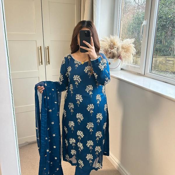 Aarzoo Designer Chinon Long Kurti Set Embroidered Long Top, Pant & Dupatta