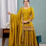 Noor Chinnon Silk Designer Sharara Set  Party Wear Top, Sharara Palazzo & Embroidered Dupatta