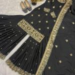 Noor Crepe Designer Sharara Set Embroidered Top, Sharara Palazzo & Georgette Dupatta