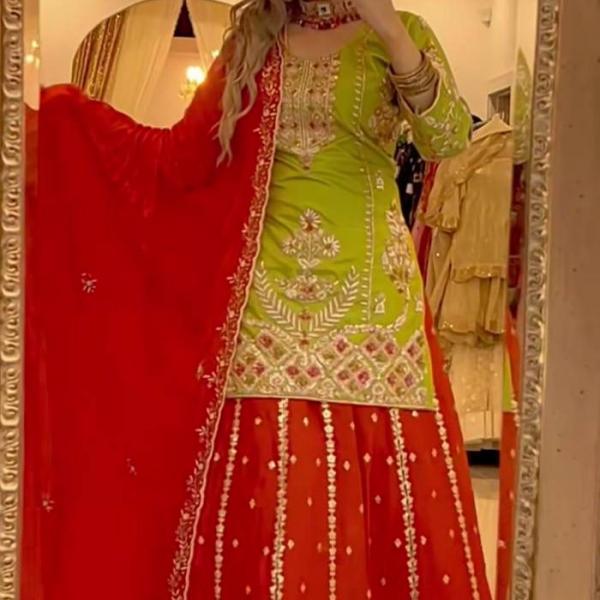 Meher Chinnon Silk Designer Plazzo Set Embroidered Party Wear Top, Plazzo & Dupatta