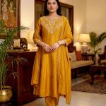 Vichitra Silk Embroidered Kurti Set with Palazzo & Dupatta