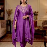 Vichitra Silk Embroidered Kurti Set with Palazzo & Dupatta