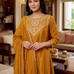 Vichitra Silk Embroidered Kurti Set with Palazzo & Dupatta