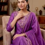 Vichitra Silk Embroidered Kurti Set with Palazzo & Dupatta