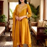 Vichitra Silk Embroidered Kurti Set with Palazzo & Dupatta