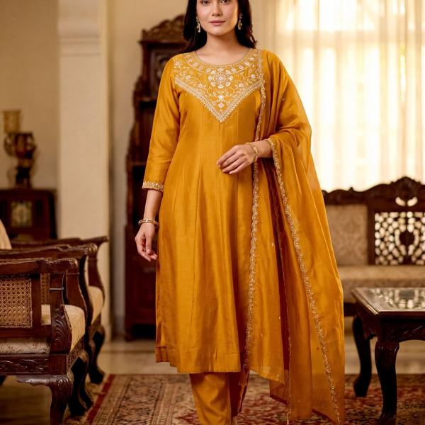 Vichitra Silk Embroidered Kurti Set with Palazzo & Dupatta