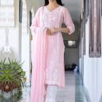 Roselle Pink Embroidered Cotton Kurta Set with Dupatta