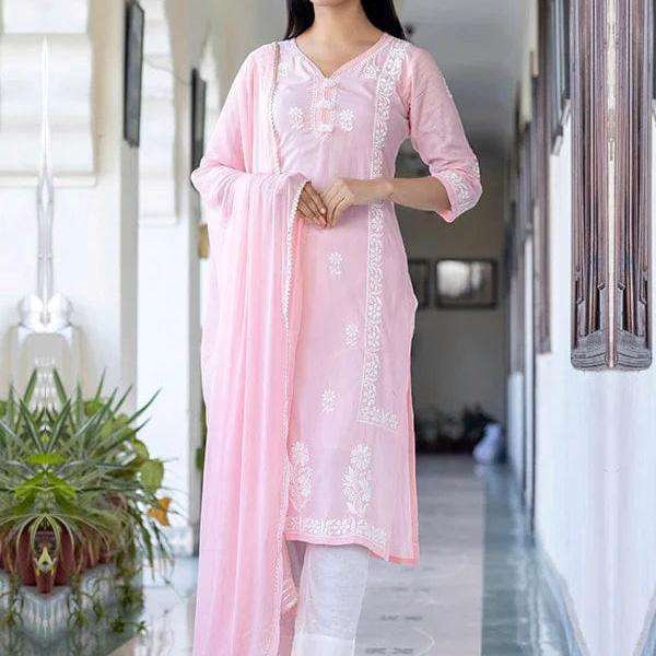 Roselle Pink Embroidered Cotton Kurta Set with Dupatta