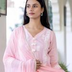 Roselle Pink Embroidered Cotton Kurta Set with Dupatta