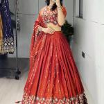 Rust Fenta Vichitra Silk Embroidered Designer Lehenga Set