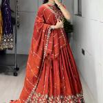 Rust Fenta Vichitra Silk Embroidered Designer Lehenga Set