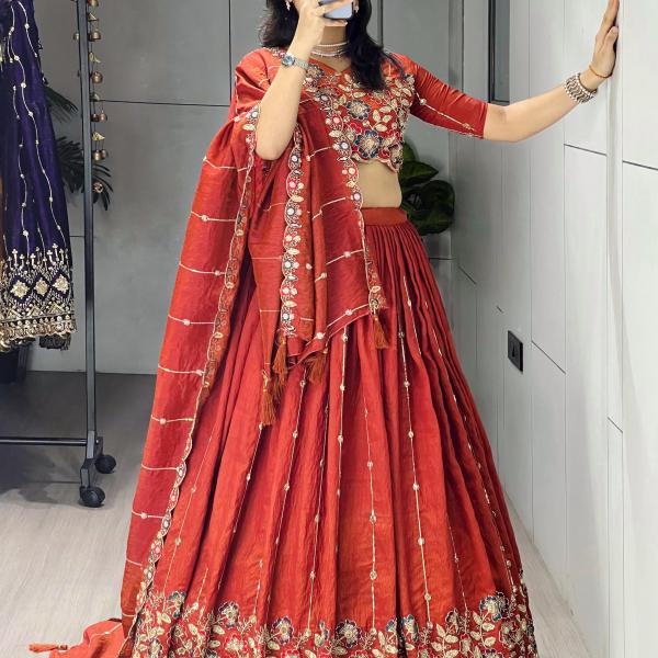 Rust Fenta Vichitra Silk Embroidered Designer Lehenga Set