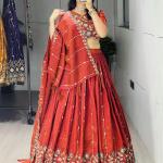 Rust Fenta Vichitra Silk Embroidered Designer Lehenga Set