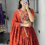 Rust Fenta Vichitra Silk Embroidered Designer Lehenga Set