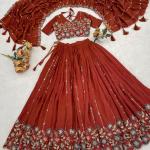 Rust Fenta Vichitra Silk Embroidered Designer Lehenga Set