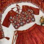 Rust Fenta Vichitra Silk Embroidered Designer Lehenga Set
