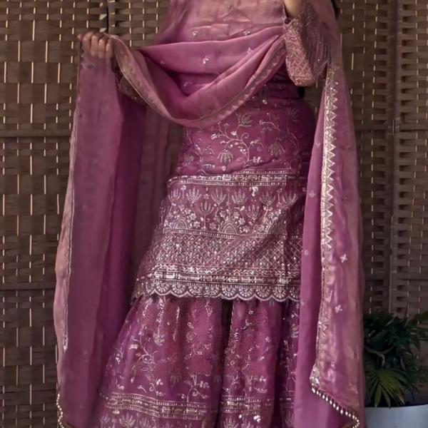 Zariya Fancy Crush Silk Designer Sharara Set Embroidered Top, Sharara Palazzo & Dupatta