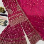 Zariya Fancy Crush Silk Designer Sharara Set Embroidered Top, Sharara Palazzo & Dupatta