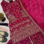 Zariya Fancy Crush Silk Designer Sharara Set Embroidered Top, Sharara Palazzo & Dupatta