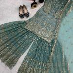 Zariya Fancy Crush Silk Designer Sharara Set Embroidered Top, Sharara Palazzo & Dupatta