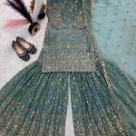 Zariya Fancy Crush Silk Designer Sharara Set Embroidered Top, Sharara Palazzo & Dupatta