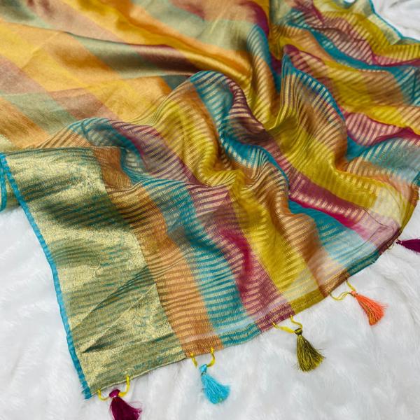 Rangtara Organza Crush Tissue Silk Saree  Multi-Color Designer Saree with Jacquard Border