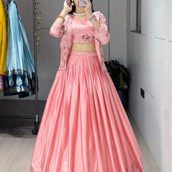 Afsana Chinon Embroidered Koti Lehenga Set (GRTN8234PCH) Designer Jacket Style Lehenga Collection