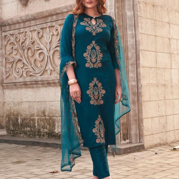 Rayon Slub Embroidered Kurti Set with Organza Dupatta
