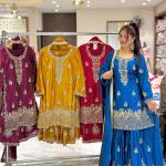 Noorani Chinon Silk Designer Sharara Set  Embroidered Party Wear Top, Sharara Palazzo & Dupatta