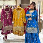 Noorani Chinon Silk Designer Sharara Set  Embroidered Party Wear Top, Sharara Palazzo & Dupatta