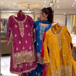 Noorani Chinon Silk Designer Sharara Set  Embroidered Party Wear Top, Sharara Palazzo & Dupatta