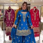 Noorani Chinon Silk Designer Sharara Set  Embroidered Party Wear Top, Sharara Palazzo & Dupatta