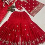 Noorani Chinon Silk Designer Sharara Set  Embroidered Party Wear Top, Sharara Palazzo & Dupatta