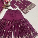 Noorani Chinon Silk Designer Sharara Set  Embroidered Party Wear Top, Sharara Palazzo & Dupatta