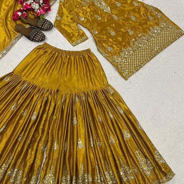 Noorani Chinon Silk Designer Sharara Set  Embroidered Party Wear Top, Sharara Palazzo & Dupatta